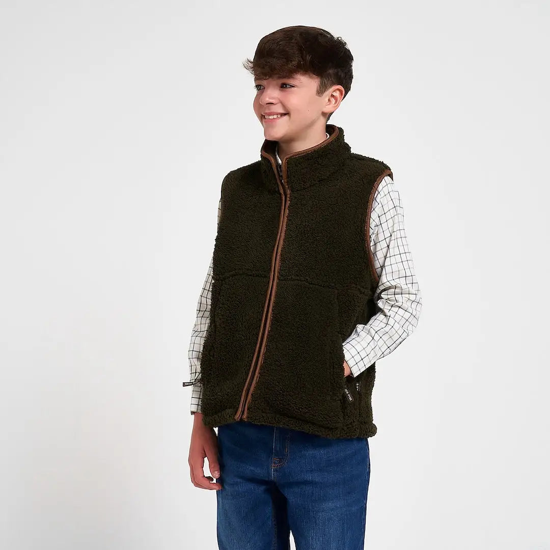 Jack Pyke junior sherpa fleece gilet in olive green with brown zipper