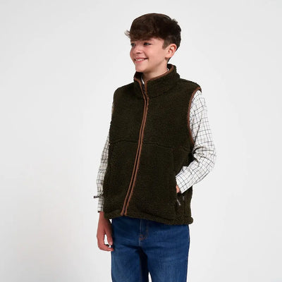 Jack Pyke junior sherpa fleece gilet in olive green with brown zipper