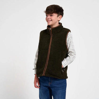 Jack Pyke junior sherpa fleece gilet in olive green with brown zipper