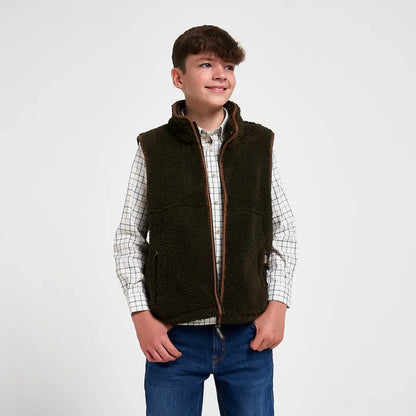 Olive green Jack Pyke junior sherpa fleece gilet with brown zipper trim