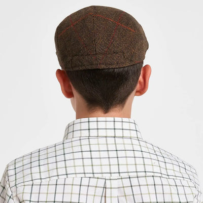 Jack Pyke junior wool blend tweed flat cap in brown herringbone with red accents