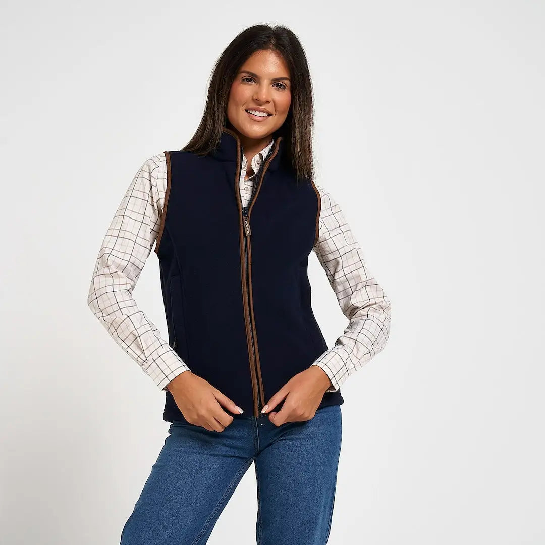 Jack Pyke ladies countryman gilet in navy blue with brown zipper trim
