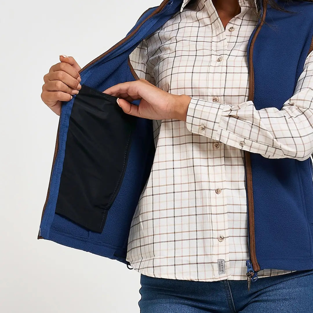Jack Pyke ladies countryman gilet in blue fleece with brown zipper trim