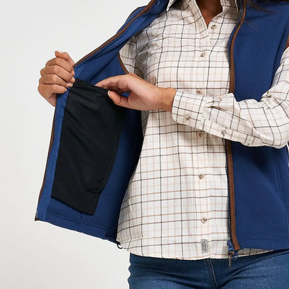 Jack Pyke ladies countryman gilet in blue fleece with brown zipper trim
