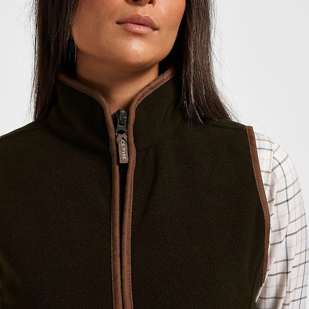 Jack Pyke Ladies Countryman fleece gilet in dark olive with brown leather trim