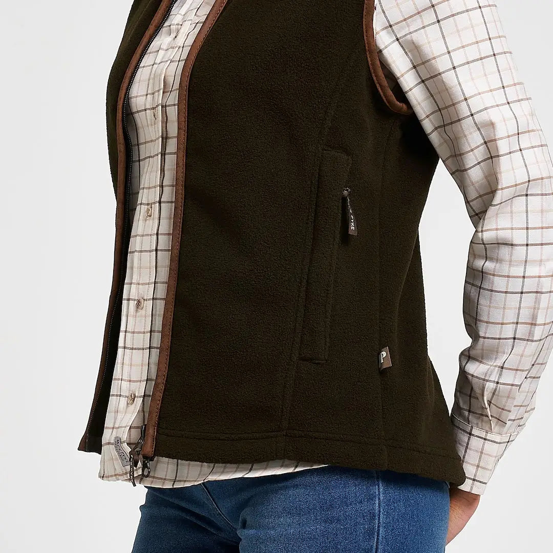 Jack Pyke Ladies Countryman fleece gilet in olive green with brown leather trim