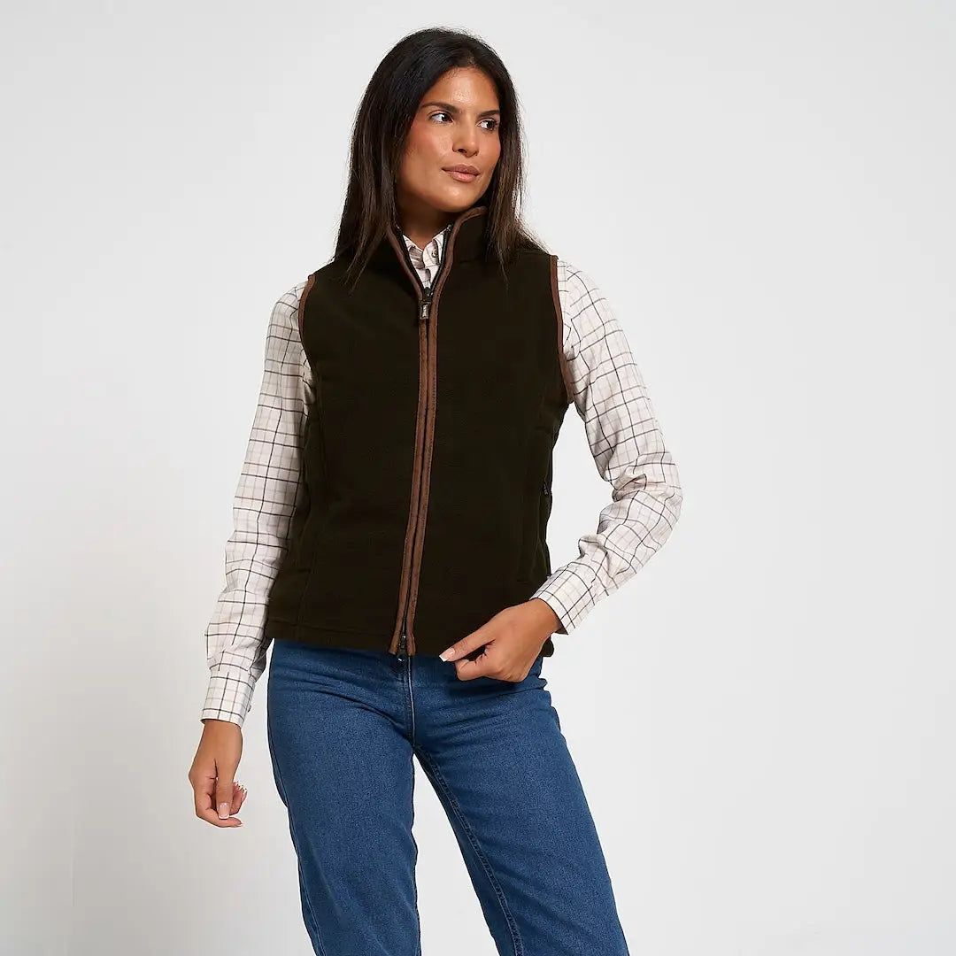 Jack Pyke ladies countryman fleece gilet in dark olive with brown leather trim