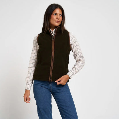 Jack Pyke ladies countryman fleece gilet in dark olive with brown leather trim