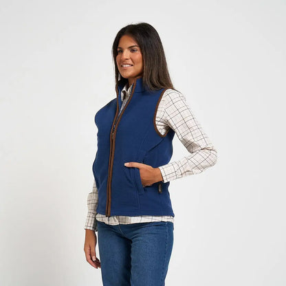 Jack Pyke Ladies Countryman fleece gilet in navy blue with brown leather trim