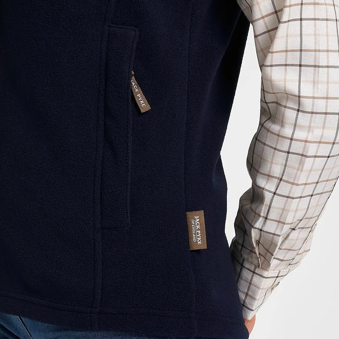 Jack Pyke Ladies Countryman Gilet in navy blue fleece with brown leather-like tags