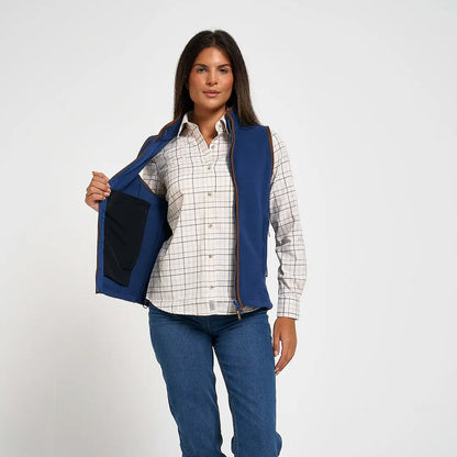 Jack Pyke ladies countryman gilet in blue fleece with brown zipper trim