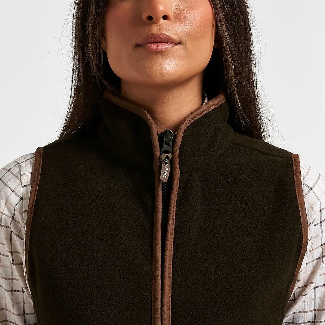 Jack Pyke Ladies Countryman fleece gilet in dark olive with brown leather trim