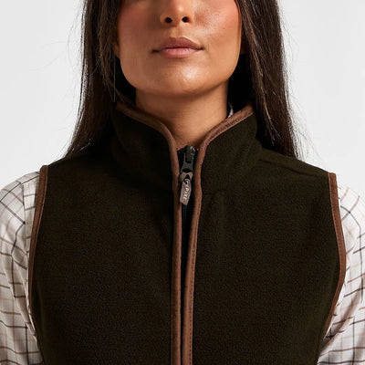 Jack Pyke Ladies Countryman fleece gilet in dark olive with brown leather trim