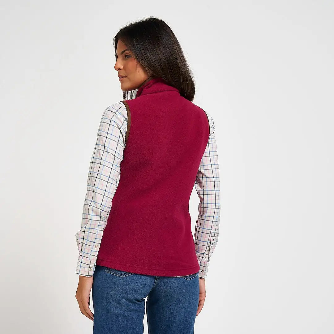 Jack Pyke ladies countryman fleece gilet in maroon over plaid shirt