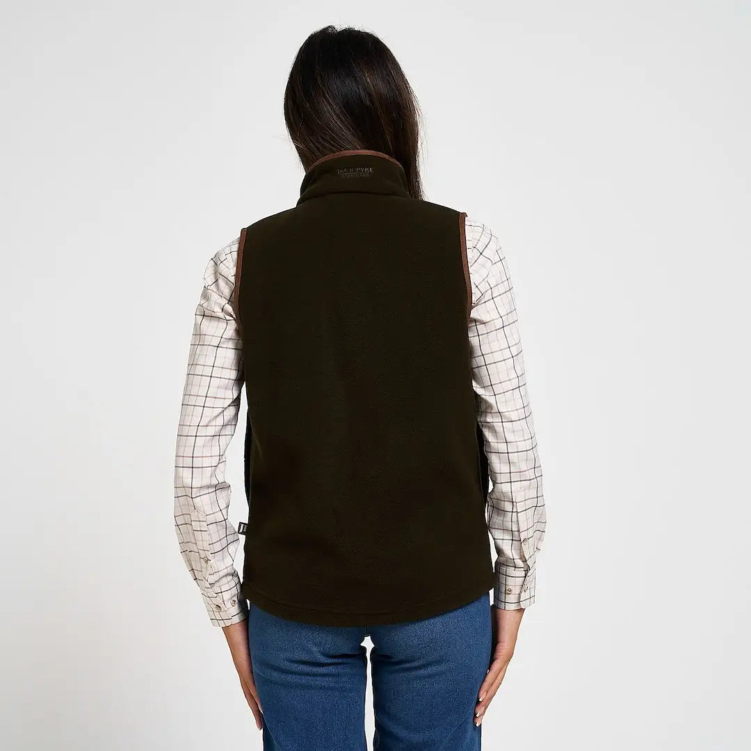 Olive green Jack Pyke Ladies Countryman fleece gilet with brown trim