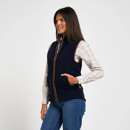 Navy blue Jack Pyke ladies countryman fleece gilet with brown leather trim