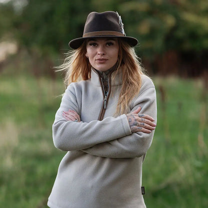 Jack Pyke Ladies Countryman beige fleece jacket with brown trim and fedora