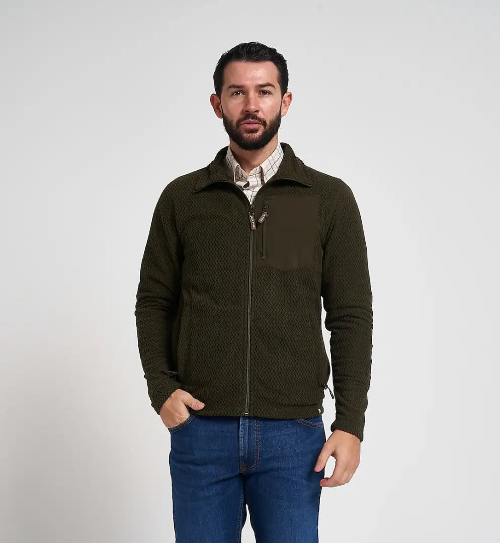Jack Pyke lightweight Z fleece jacket in olive green texture with zip-up pocket