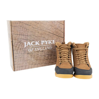 Jack Pyke Lowland Boots in tan and black next to their stylish shoebox