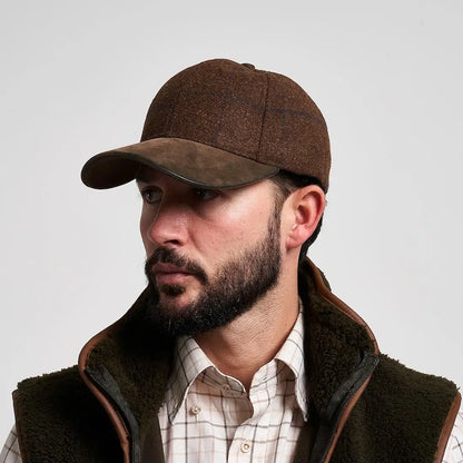 Jack Pyke lowland tweed baseball hat in brown with suede brim