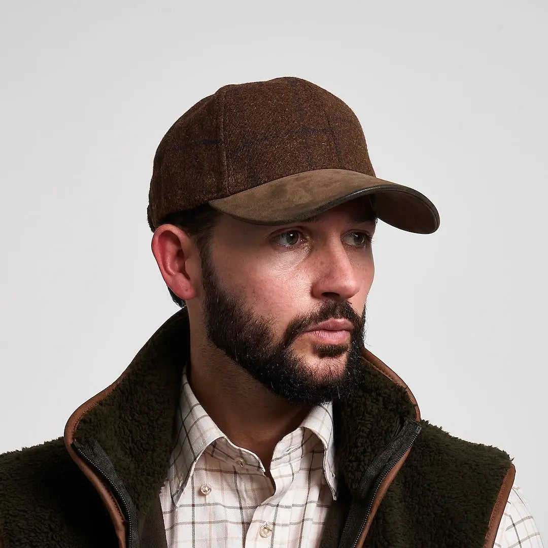 Jack Pyke lowland tweed baseball hat with brown suede brim