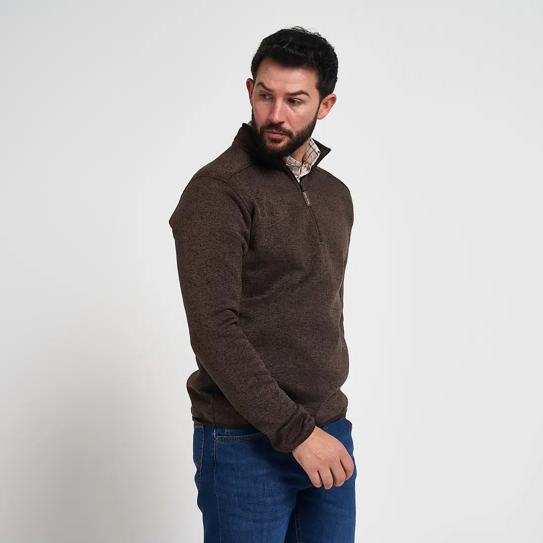 Jack Pyke melange quarter zip fleece in brown textured half-zip with subtle pattern and ribbed cuffs