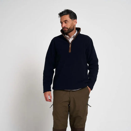 Jack Pyke Mens Countryman Fleece Pullover in navy blue with brown zipper