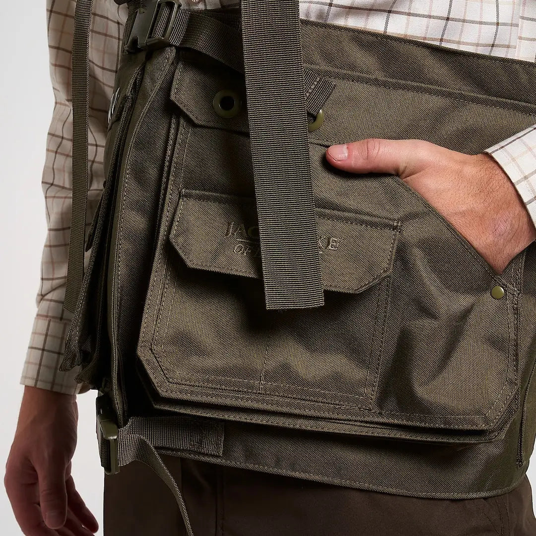Jack Pyke Handlers olive green canvas utility vest with pockets and straps