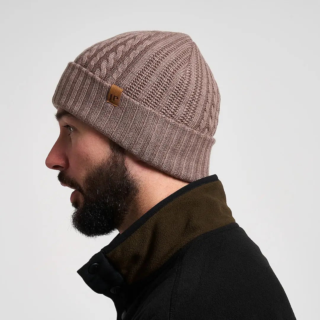 Taupe Jack Pyke merino wool cable-knit beanie with folded brim