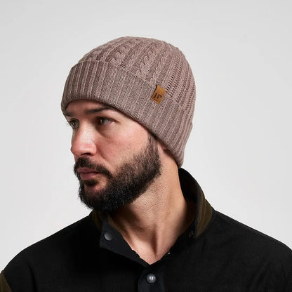 Taupe cable-knit Jack Pyke merino wool beanie with leather patch