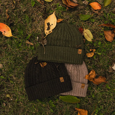 Three stylish Jack Pyke Merino Wool Beanies in different colors and designs