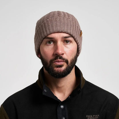Taupe ribbed Jack Pyke merino wool beanie with leather tag