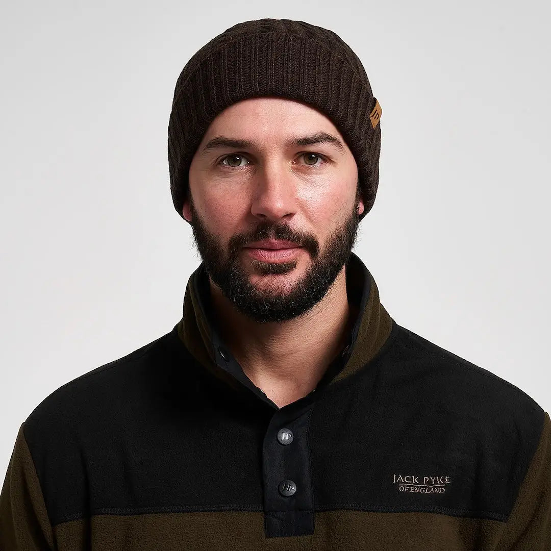 Jack Pyke merino wool beanie in brown ribbed knit with tan tag
