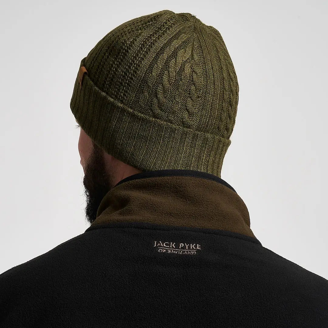 Jack Pyke olive green merino wool cable-knit beanie, practical winter accessory