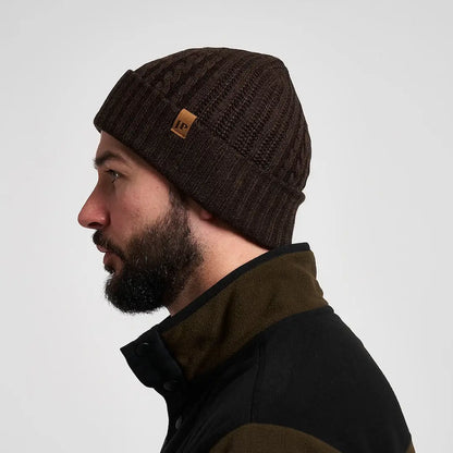 Dark brown Jack Pyke merino wool beanie with tan leather patch