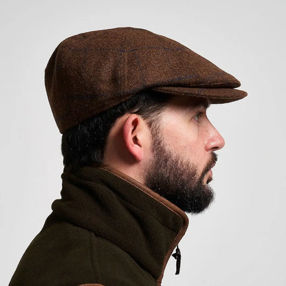 Jack Pyke newsboy cap in brown tweed with textured weave and curved brim
