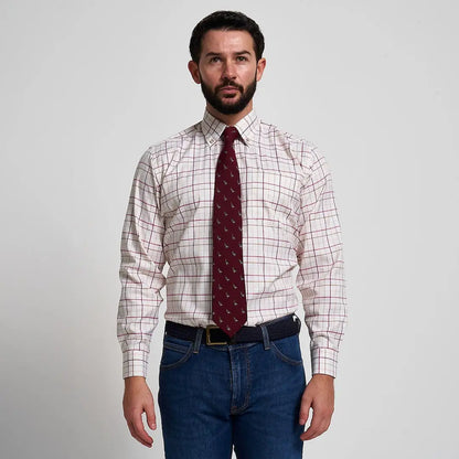 Man in plaid shirt with Jack Pyke partridge silk tie