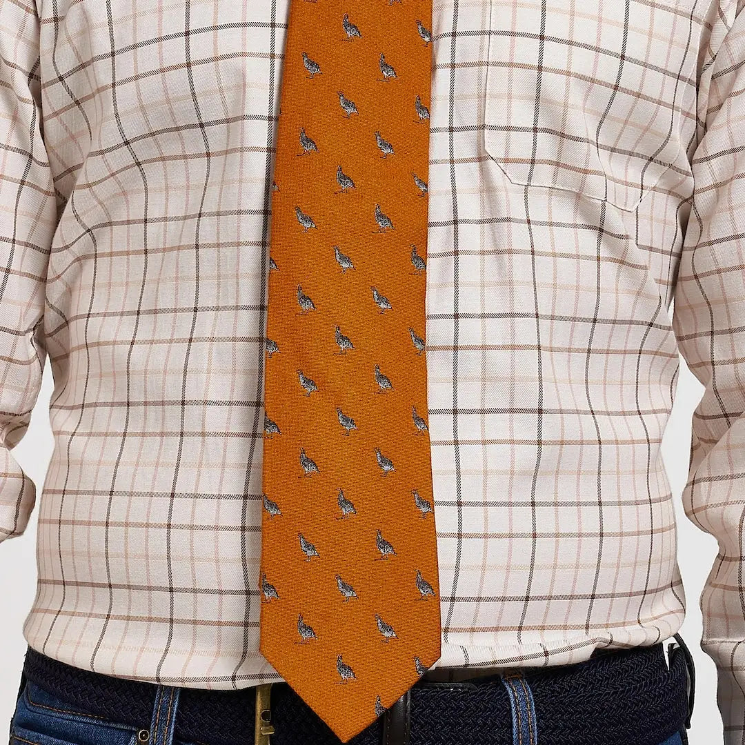 Jack Pyke Partridge silk tie with gray and brown bird pattern