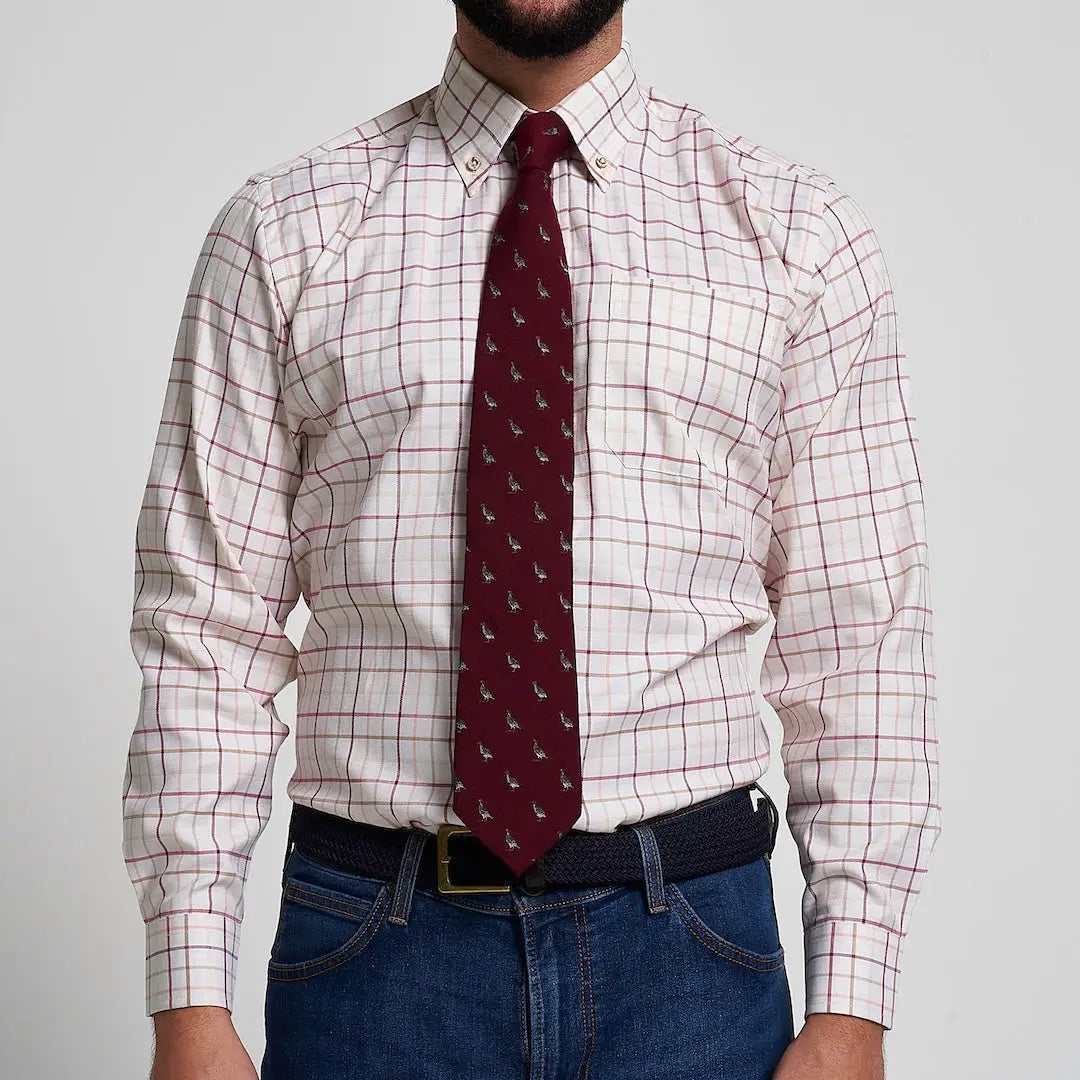 Jack Pyke partridge silk tie with maroon base and white birds pattern