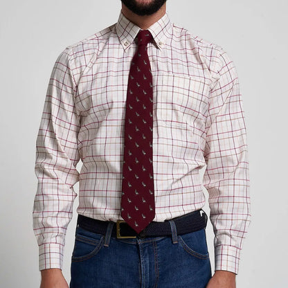 Jack Pyke partridge silk tie with maroon base and white birds pattern