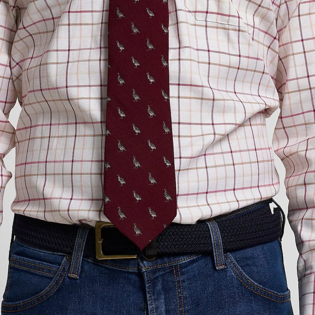 Jack Pyke partridge silk tie in maroon with white and gray birds