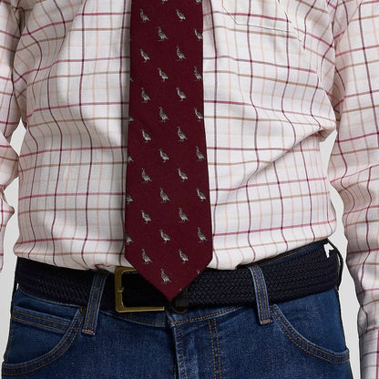 Jack Pyke partridge silk tie in maroon with white and gray birds