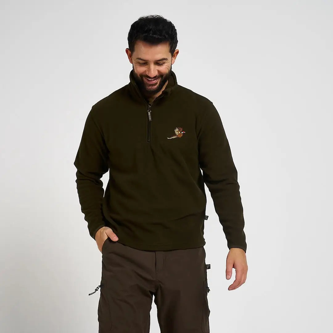 Jack Pyke pheasant motif fleece top in olive green with bird logo