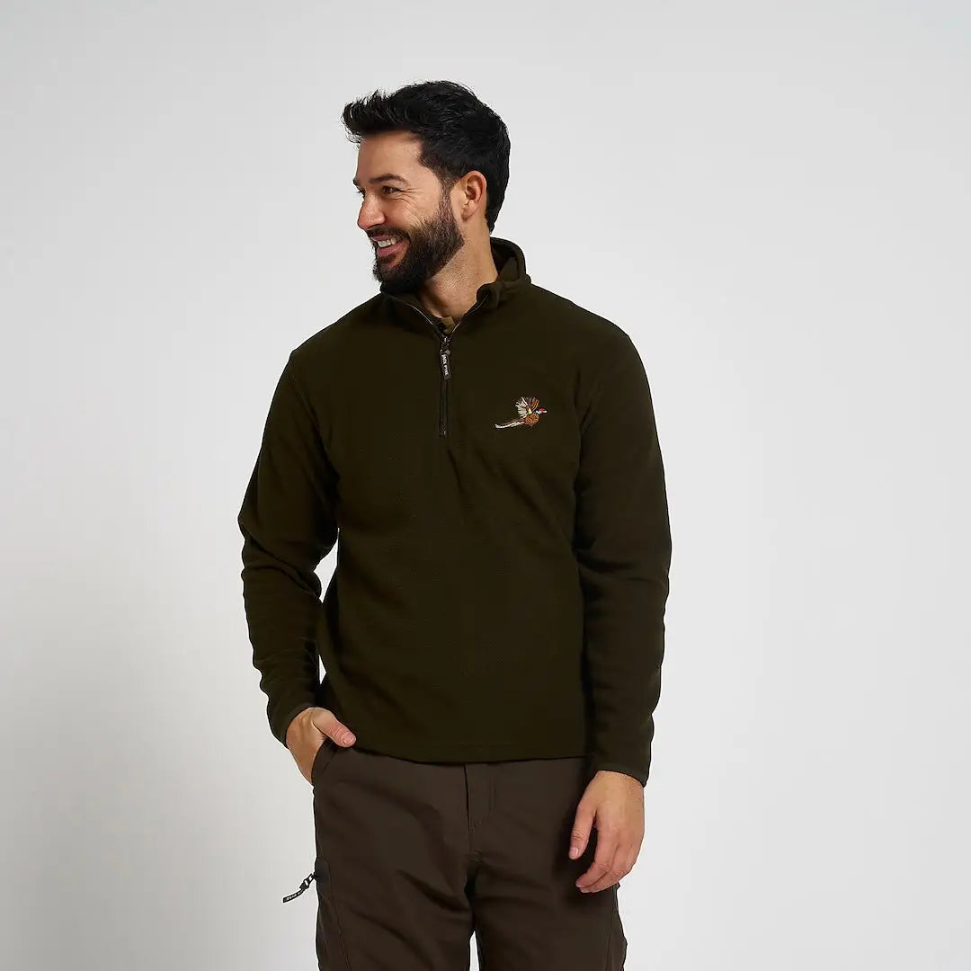 Jack Pyke pheasant motif fleece: olive green half-zip pullover with bird logo