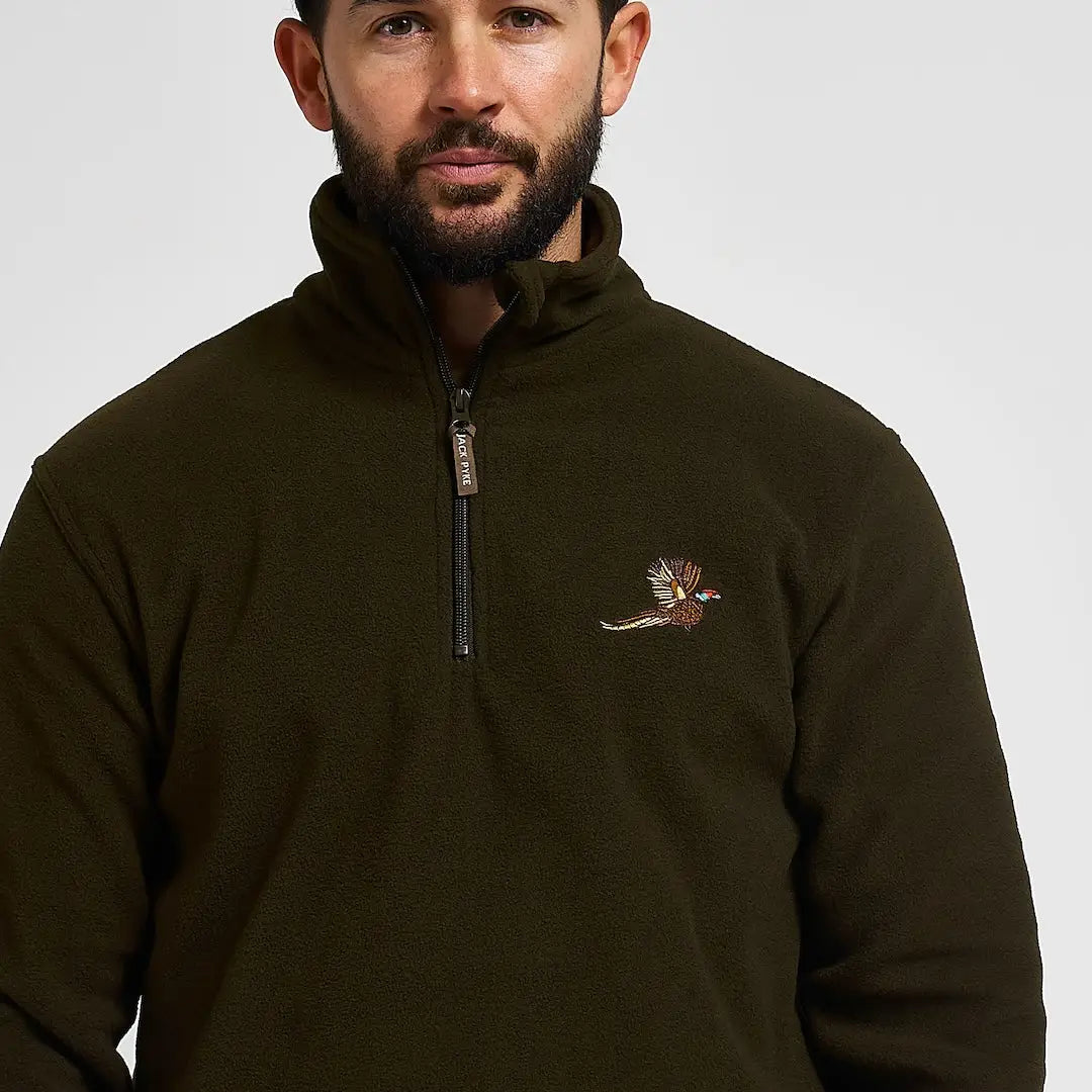 Jack Pyke pheasant motif fleece top in olive green with embroidered pheasant