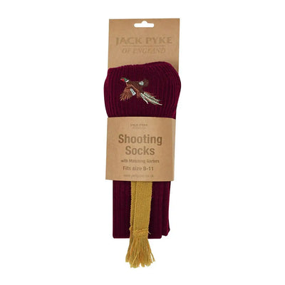Burgundy Jack Pyke Pheasant Shooting Socks with embroidered pheasant design and yellow garters