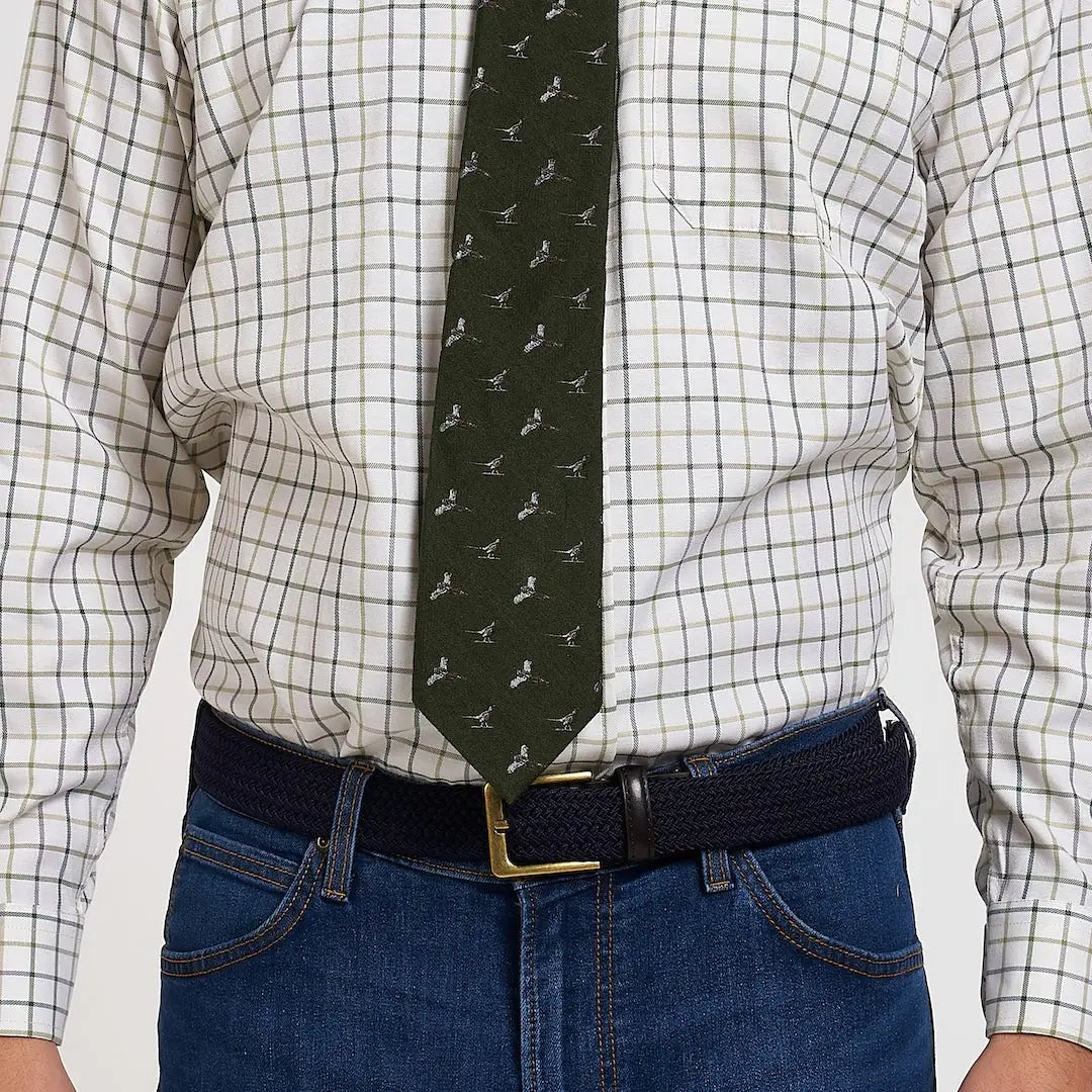 Jack Pyke pheasant silk tie in dark green with white birds pattern