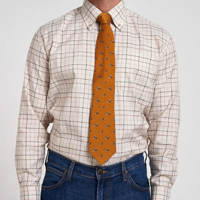 Jack Pyke Pheasant silk tie with bird pattern on plaid shirt