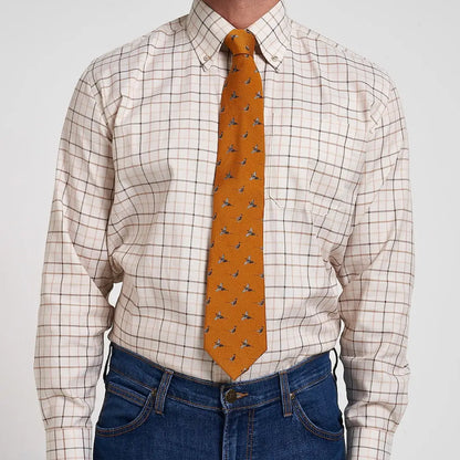 Jack Pyke Pheasant silk tie with bird pattern on plaid shirt