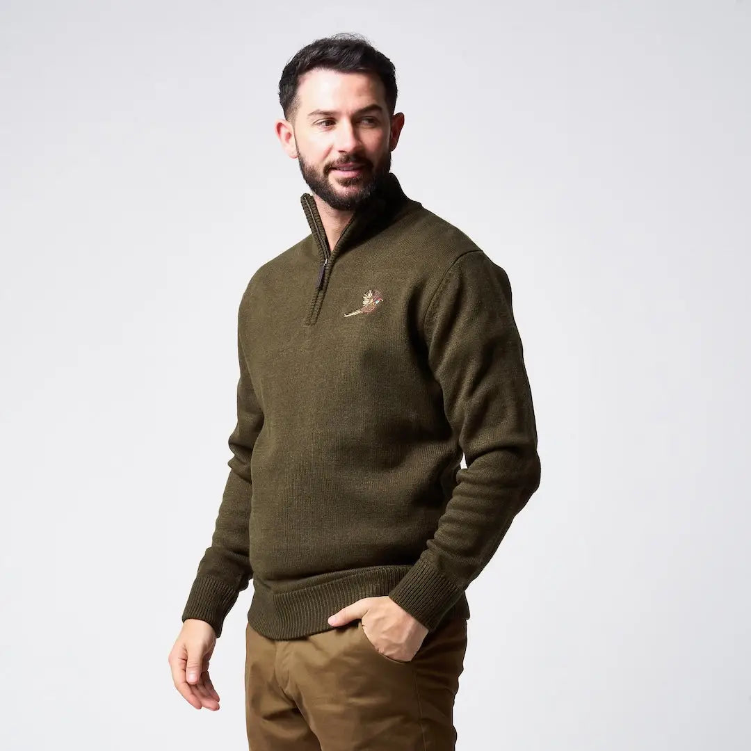 Jack Pyke Pheasant zip neck pullover in olive green with gold embroidered logo